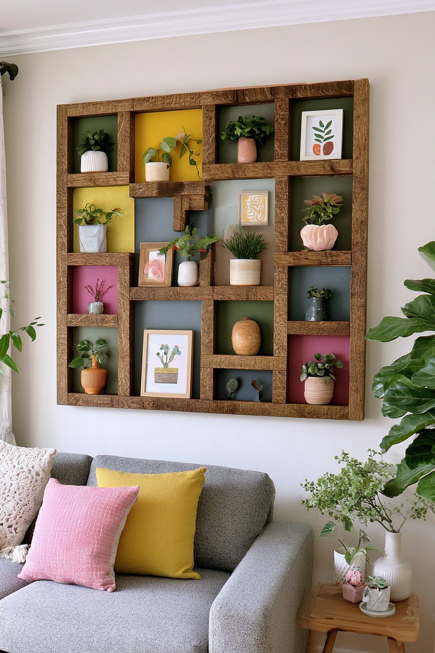 Geometric wooden wall display with colored back panels