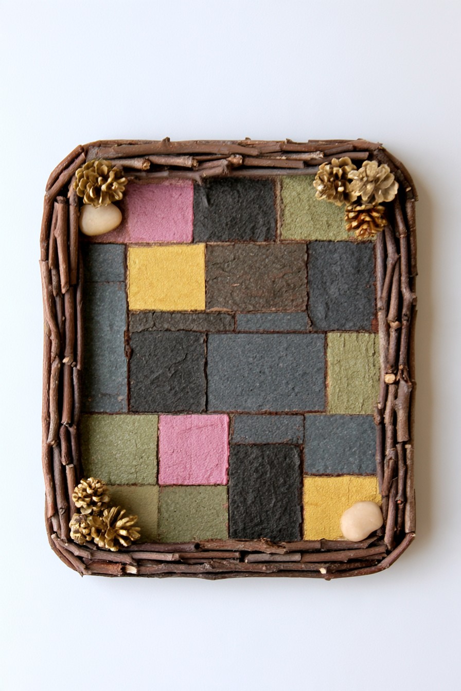 Geometric bark mosaic with muted painted sections and a rustic twig frame