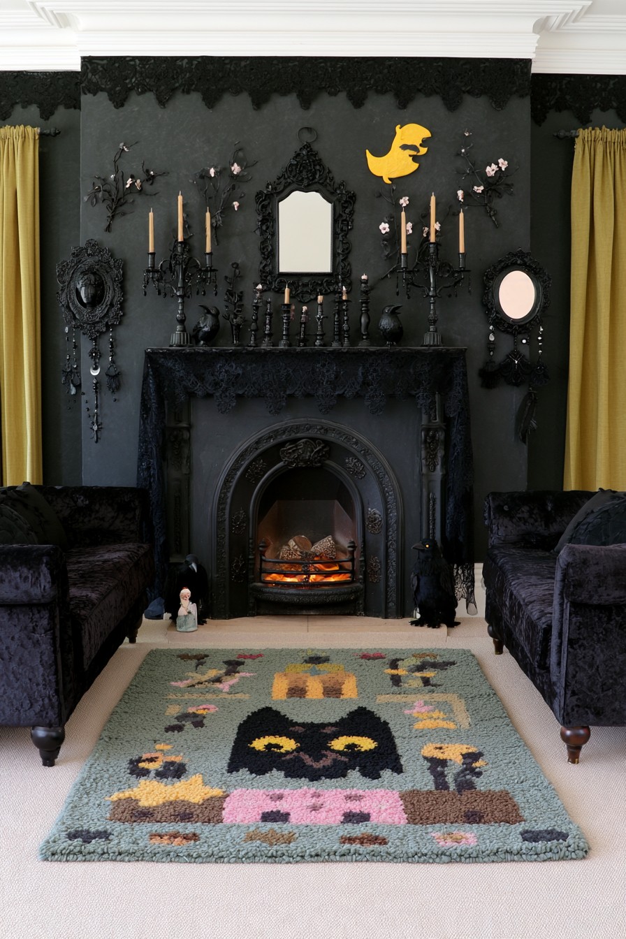 Dark Gothic parlor with an arched fireplace, ornate mirror, black seating, ochre curtains, and a colorful illustrated rug