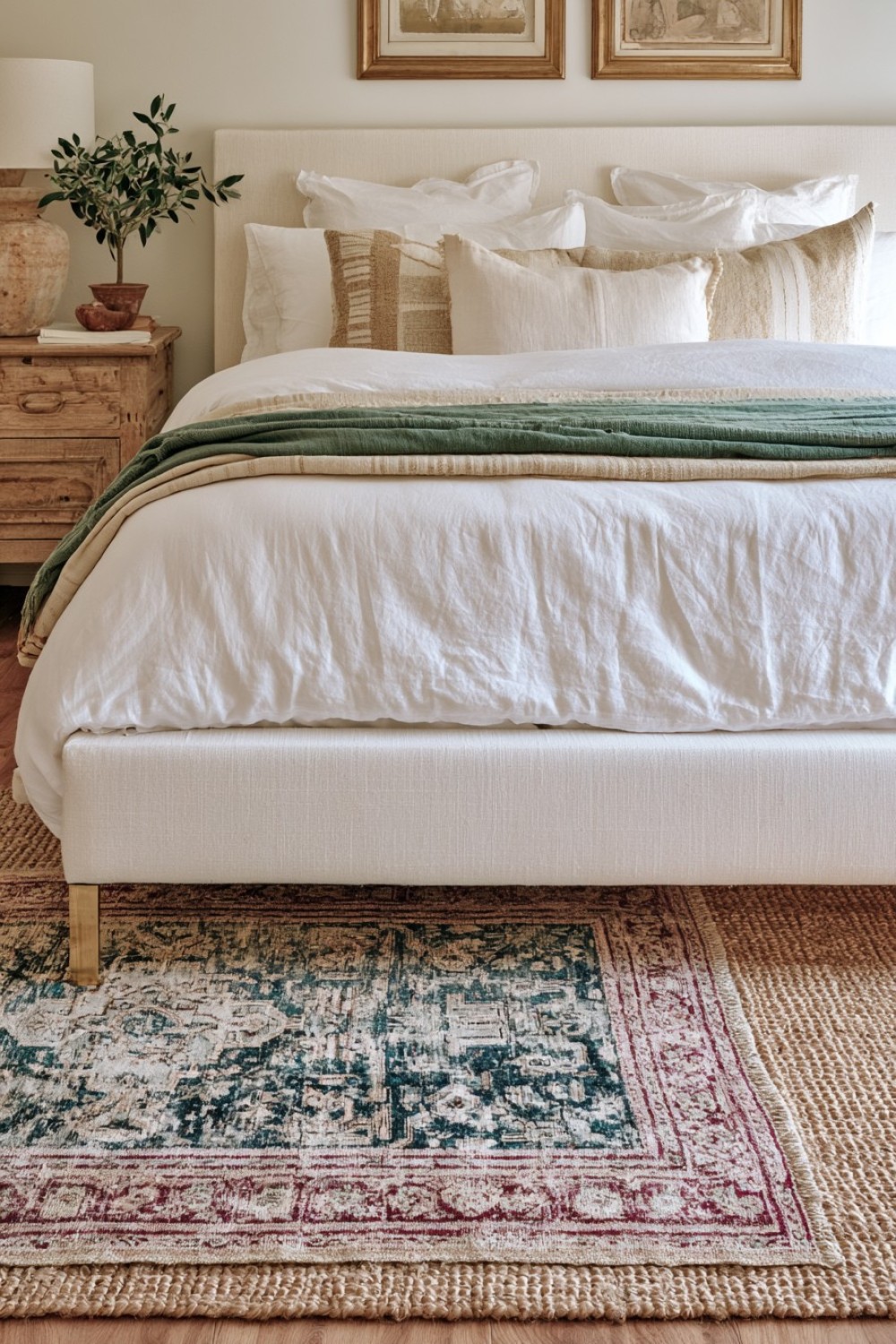 Eclectic bedroom styled with safely layered rugs
