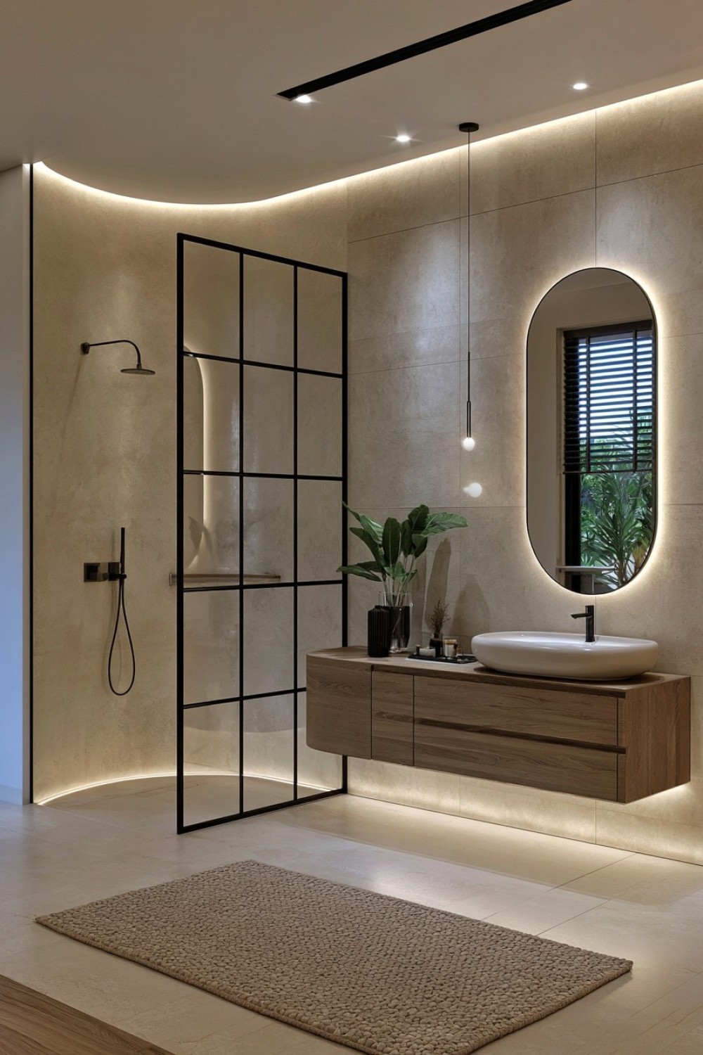 Contemporary bathroom shaped with soft curved walls
