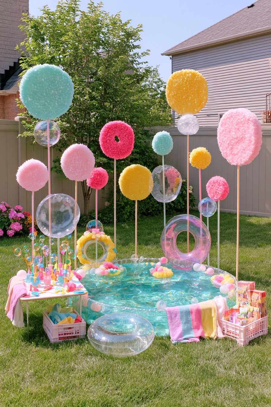 Bubble-themed pool with pastel round decorations, floating balls, and a side activity table