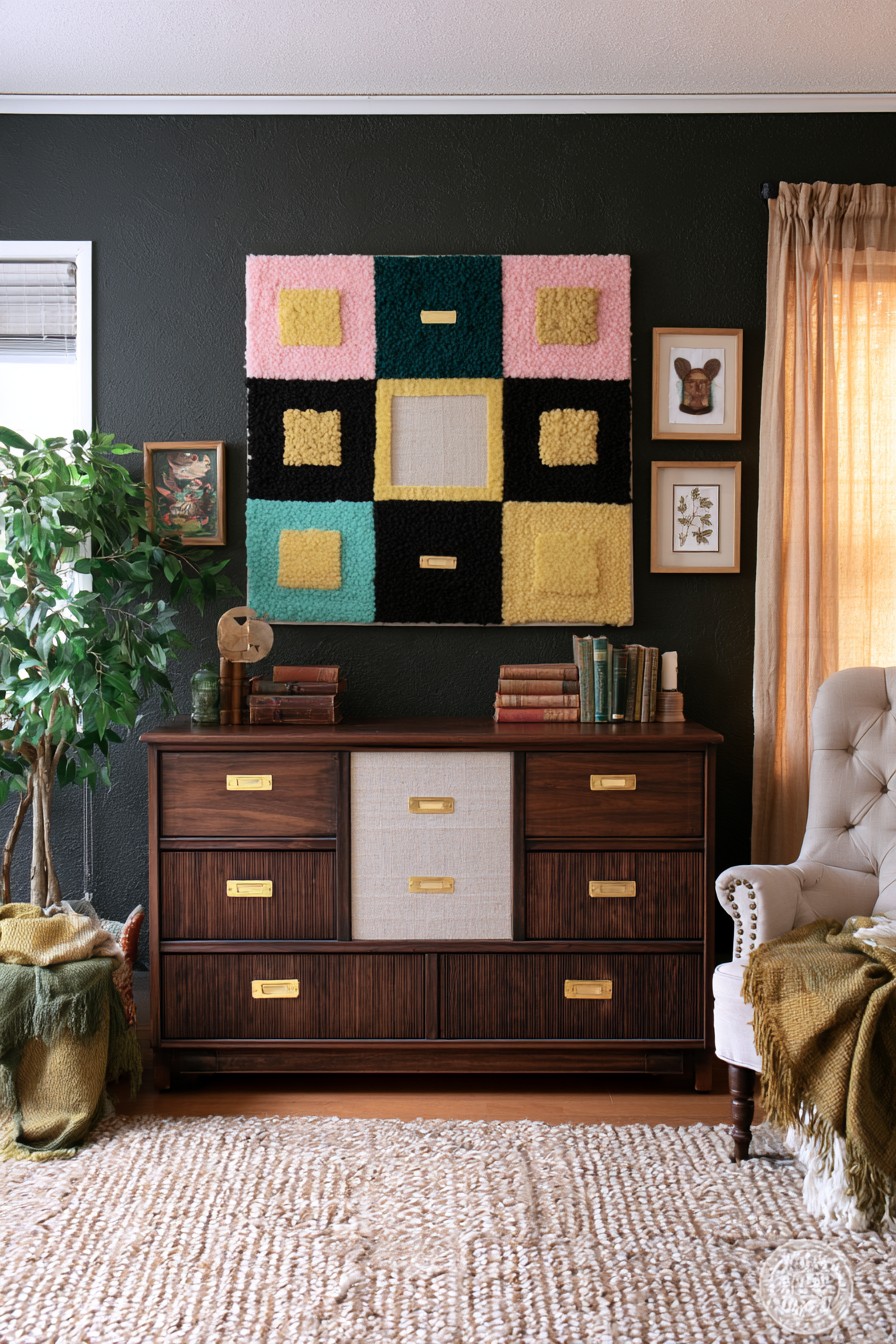 Mixed wood and fabric drawer fronts with brass label pulls