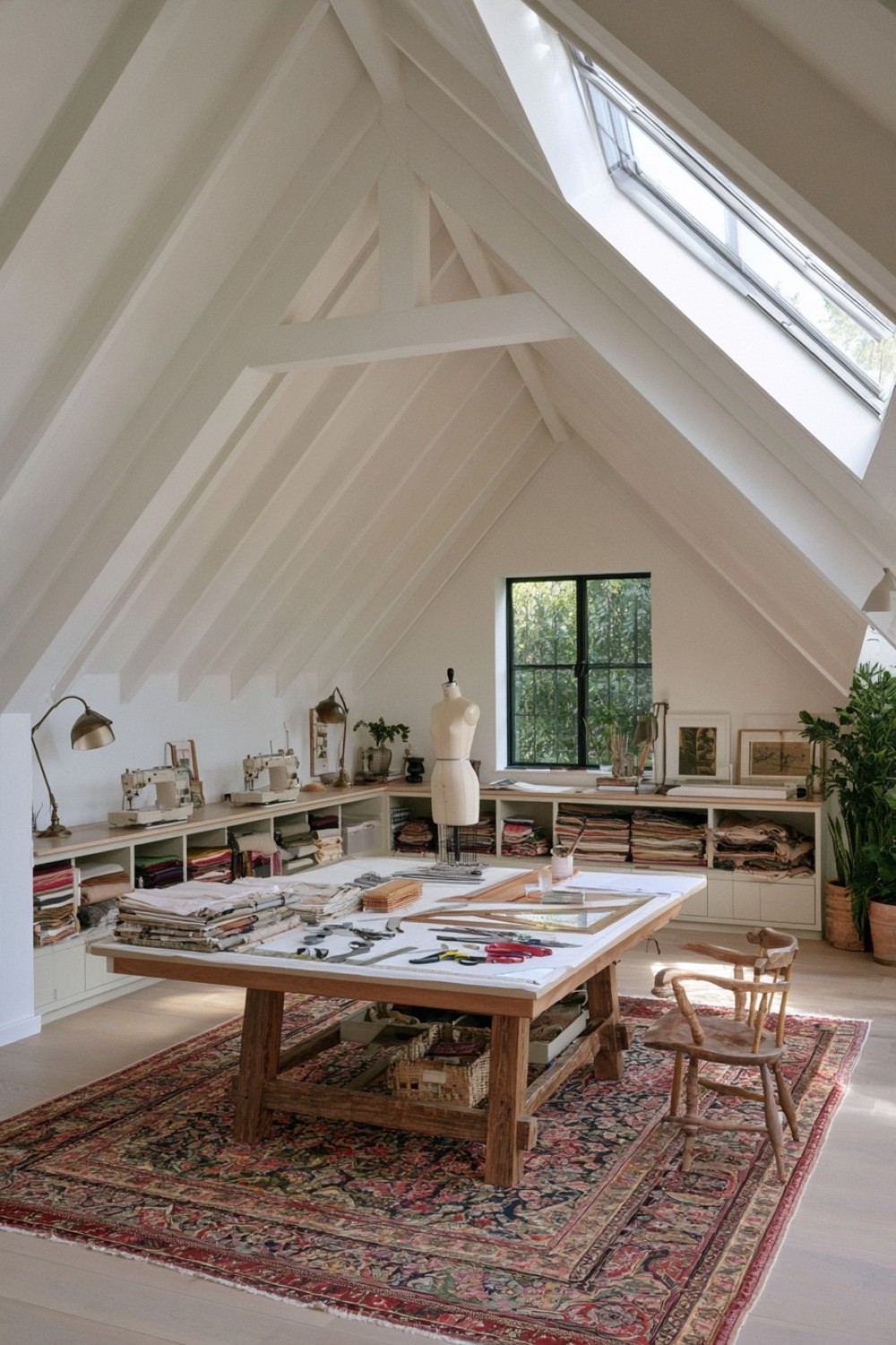 Attic sewing studio arranged along a sloped roofline