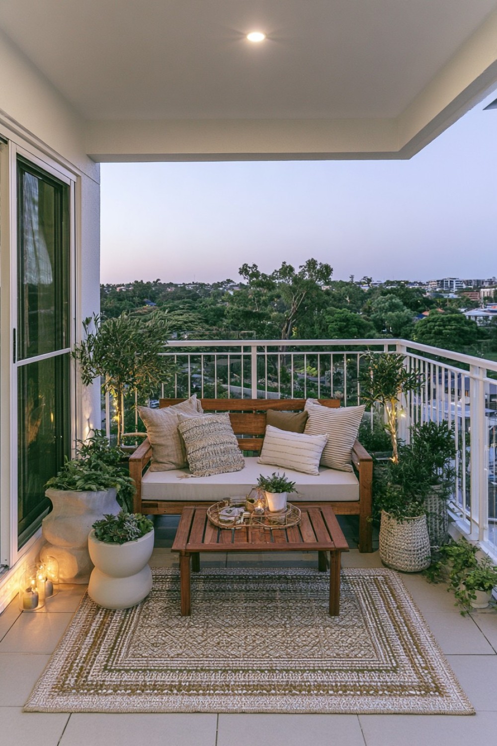 Soft neutral balcony decorated with layered natural textures