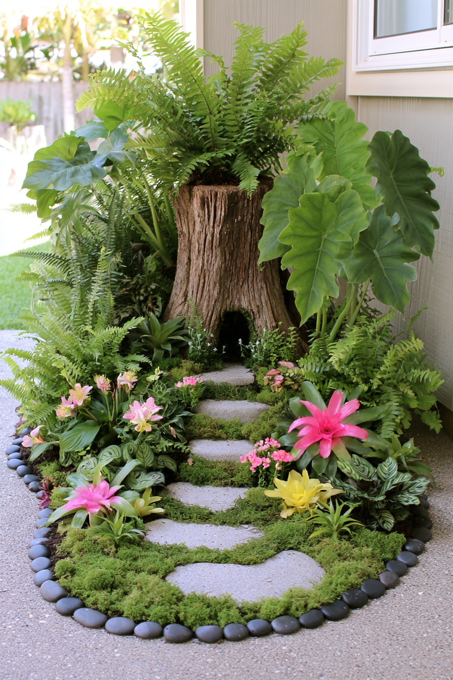 Tall weathered tree stump with fern-like foliage above a small planted garden path