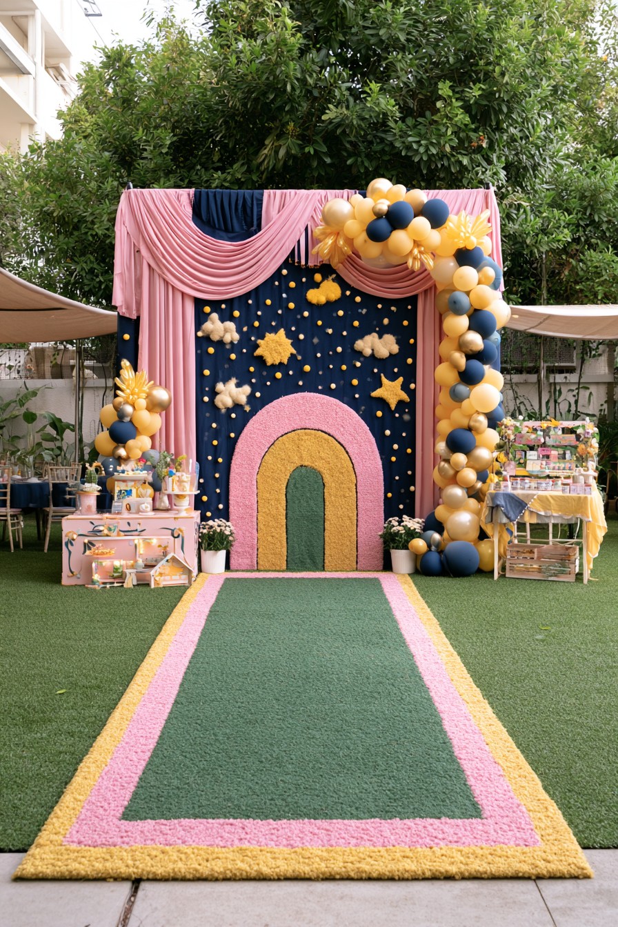 Closed rainbow decoration panel with pink drapery and side tables beside a garden photo approach