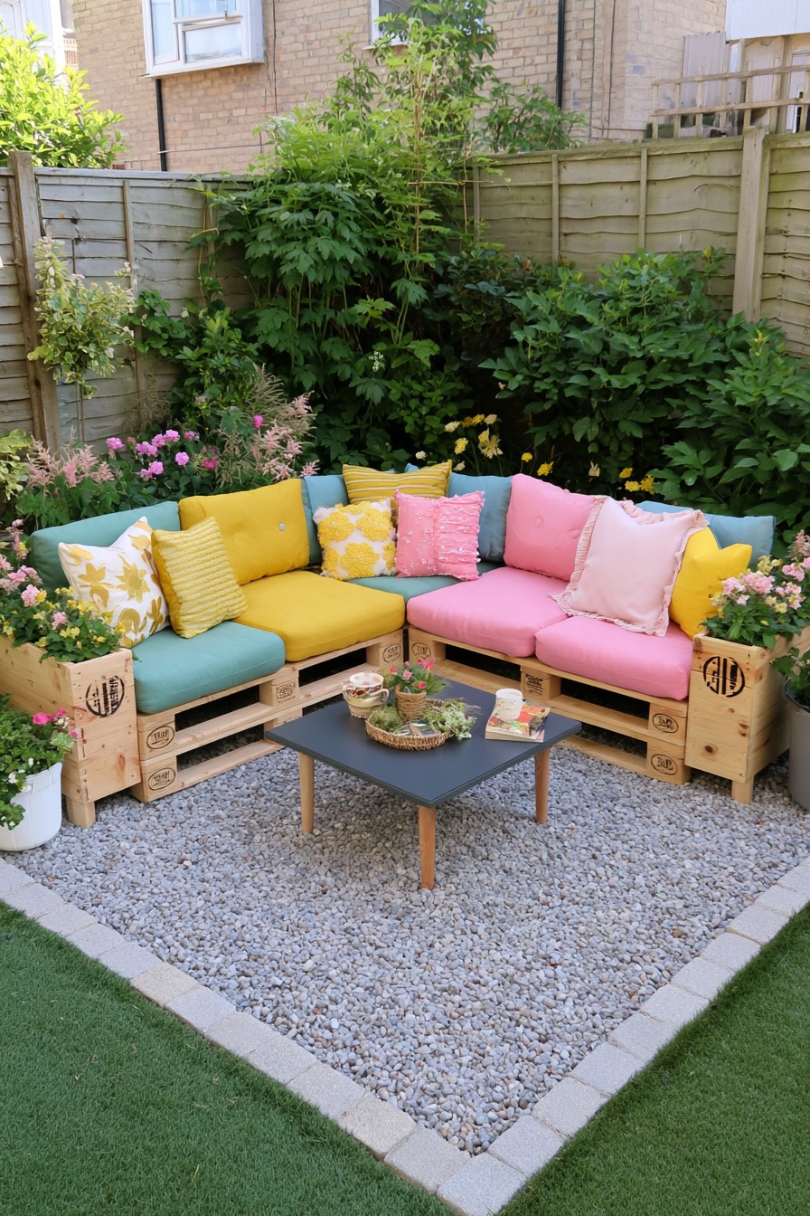 Color block pallet seating with integrated garden planters