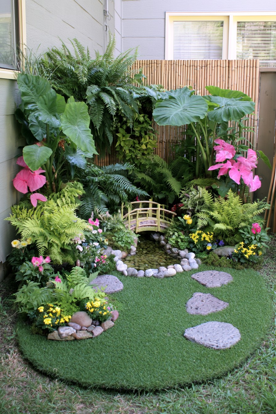 Small pond with a miniature bamboo-style bridge and pink-toned foliage