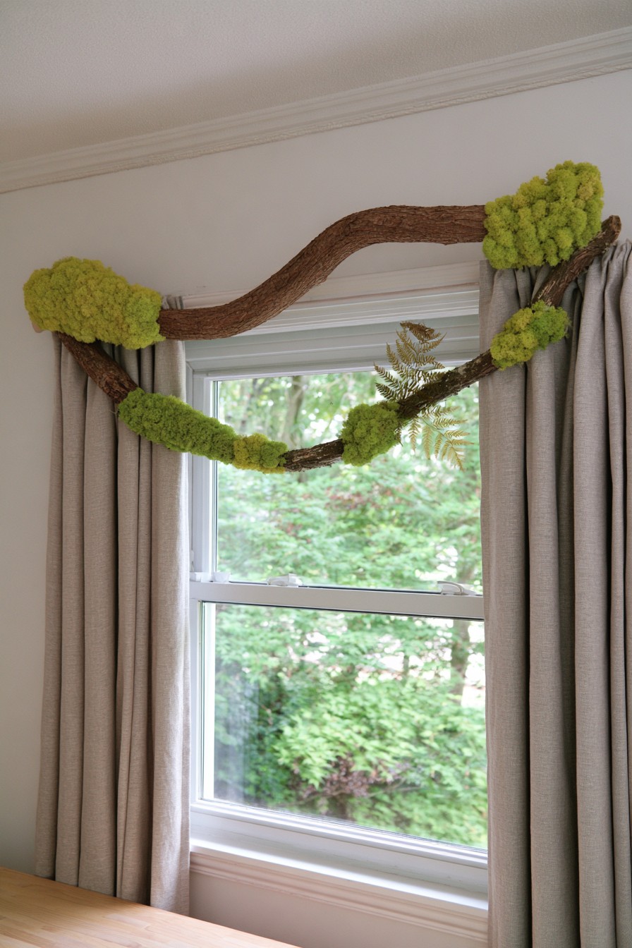 Decorative branch and moss installation positioned above curtains