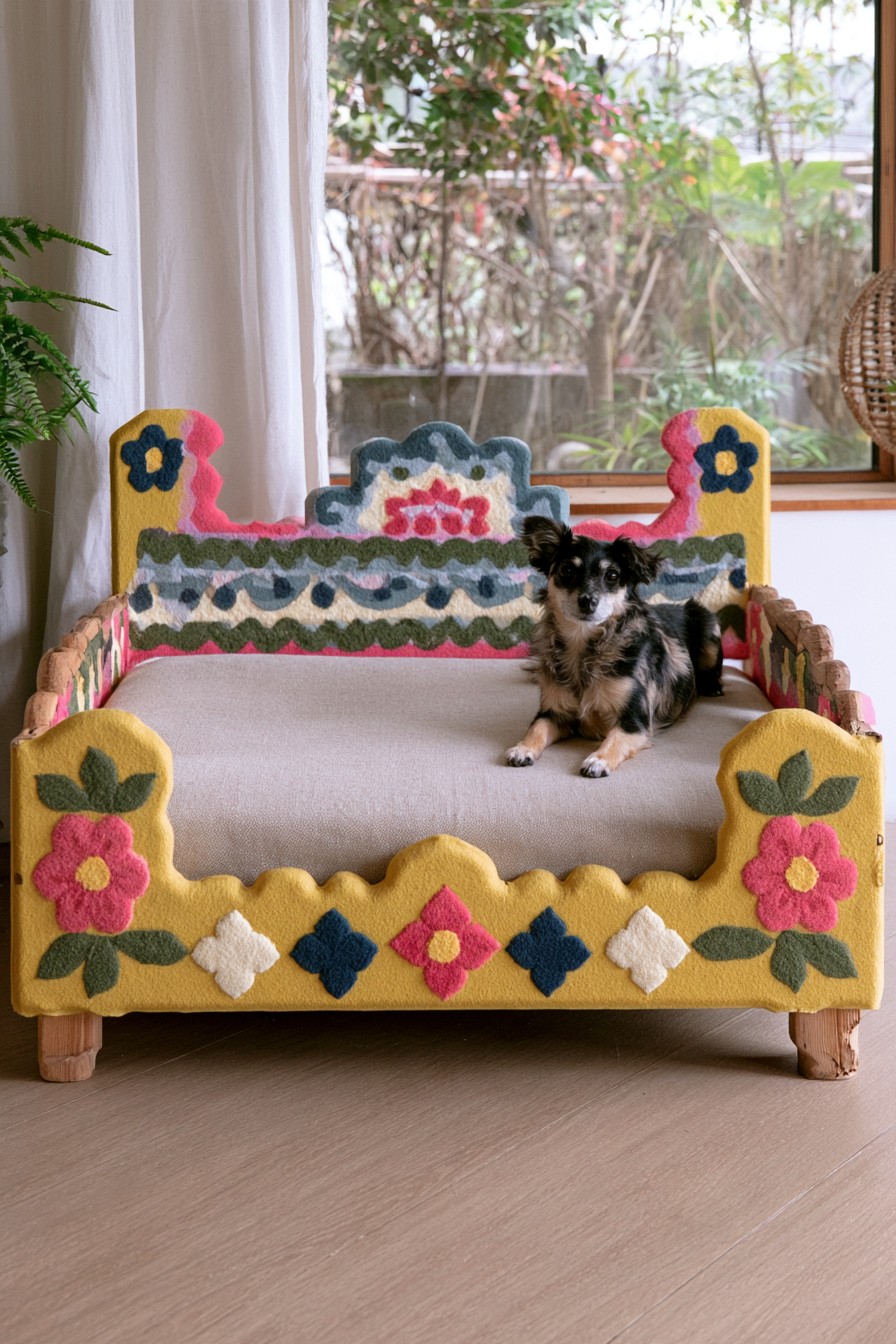 Mustard wooden pet bed painted with colorful folk floral patterns