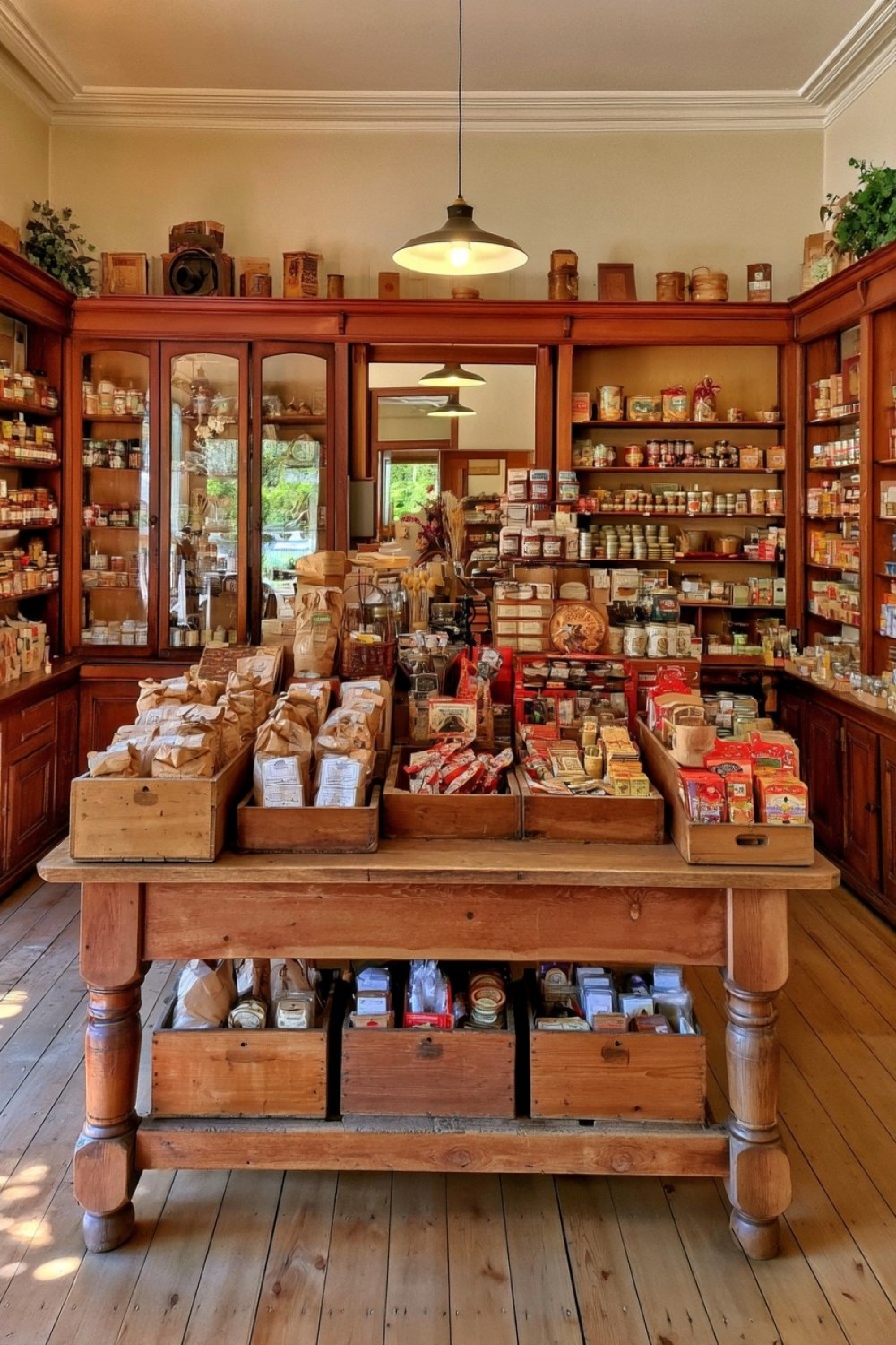 Central dry-goods display table arranged with wooden crates