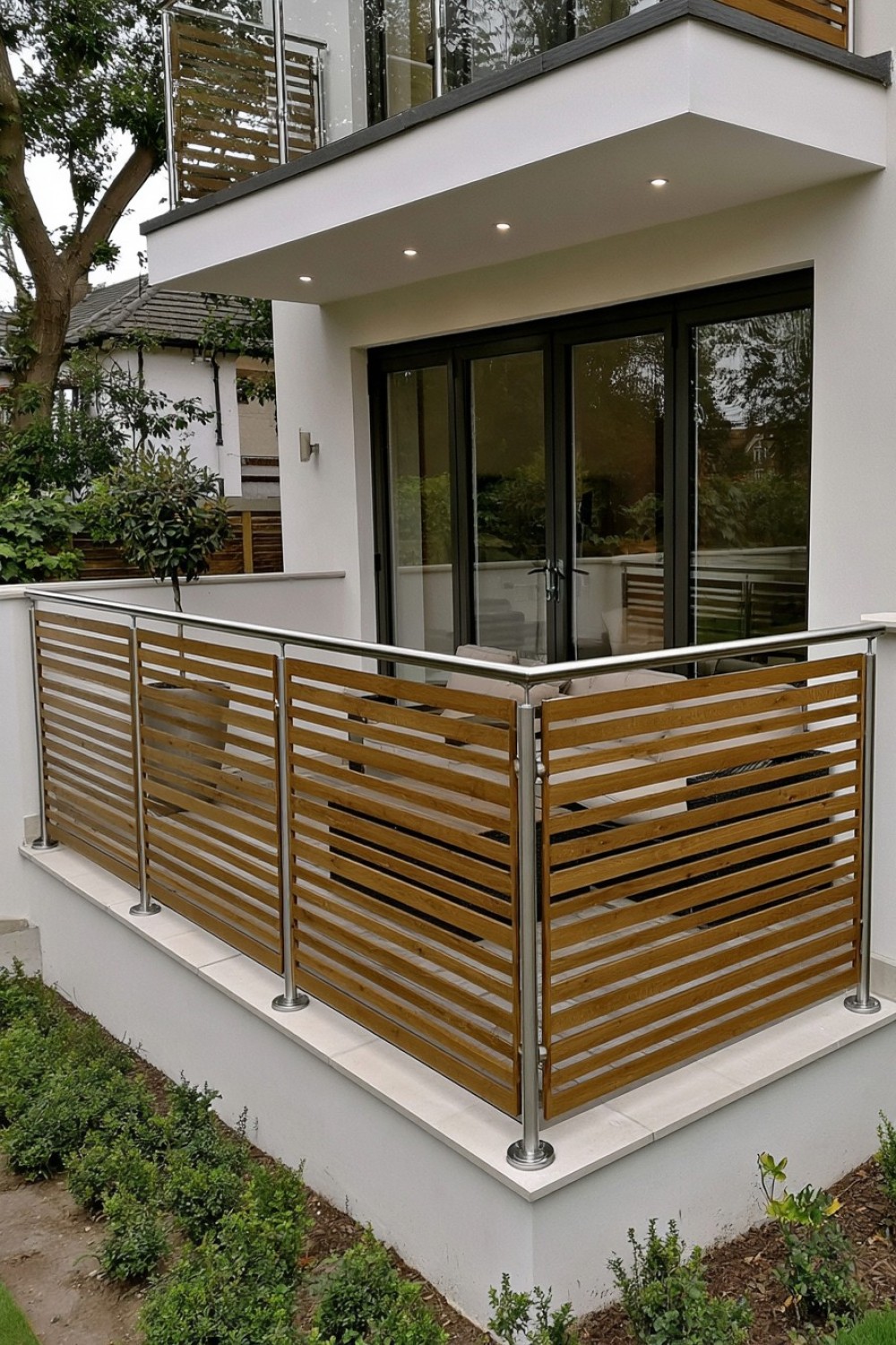 Horizontal timber balcony screen with carefully controlled openings