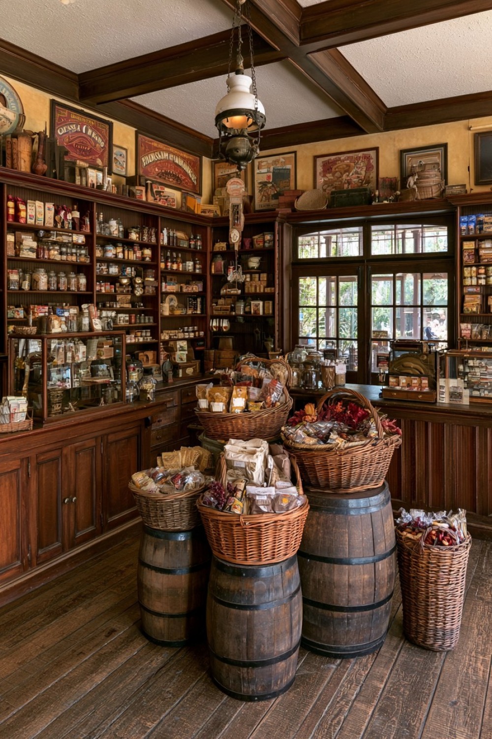 General store merchandising area using barrels and woven baskets