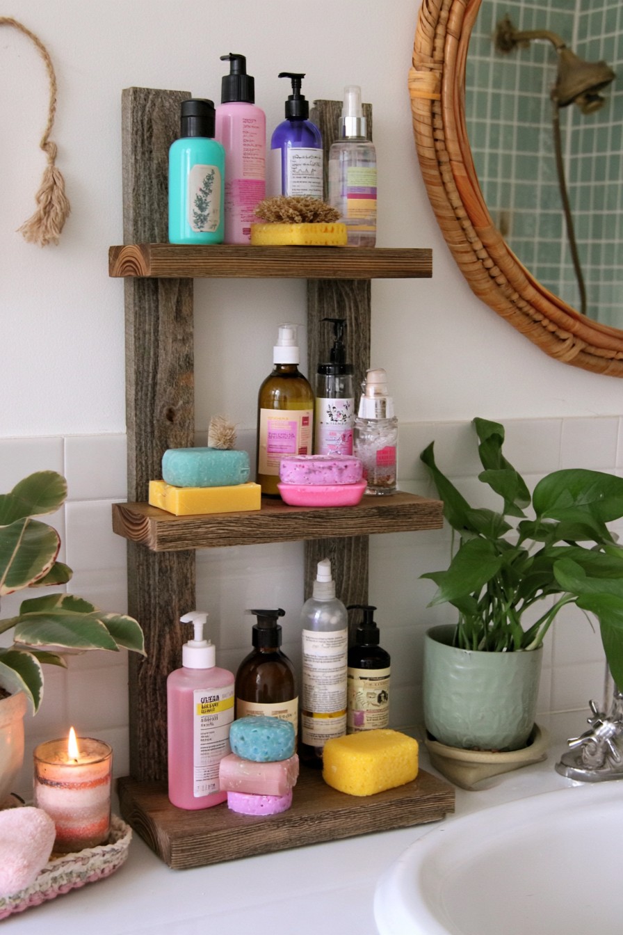 Rustic wooden bathroom shelf holding everyday toiletries