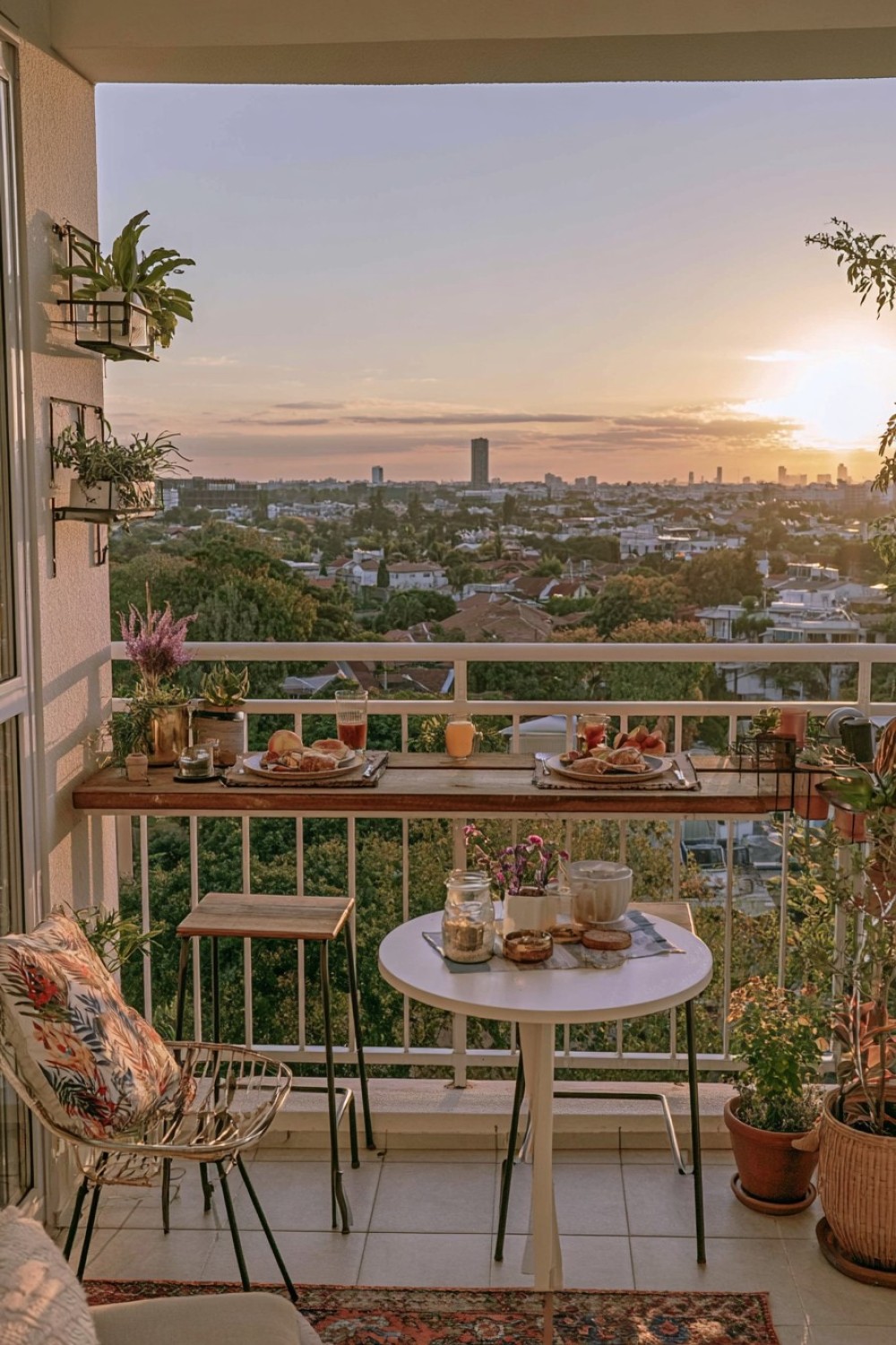 Narrow apartment balcony breakfast counter installed inside the railing