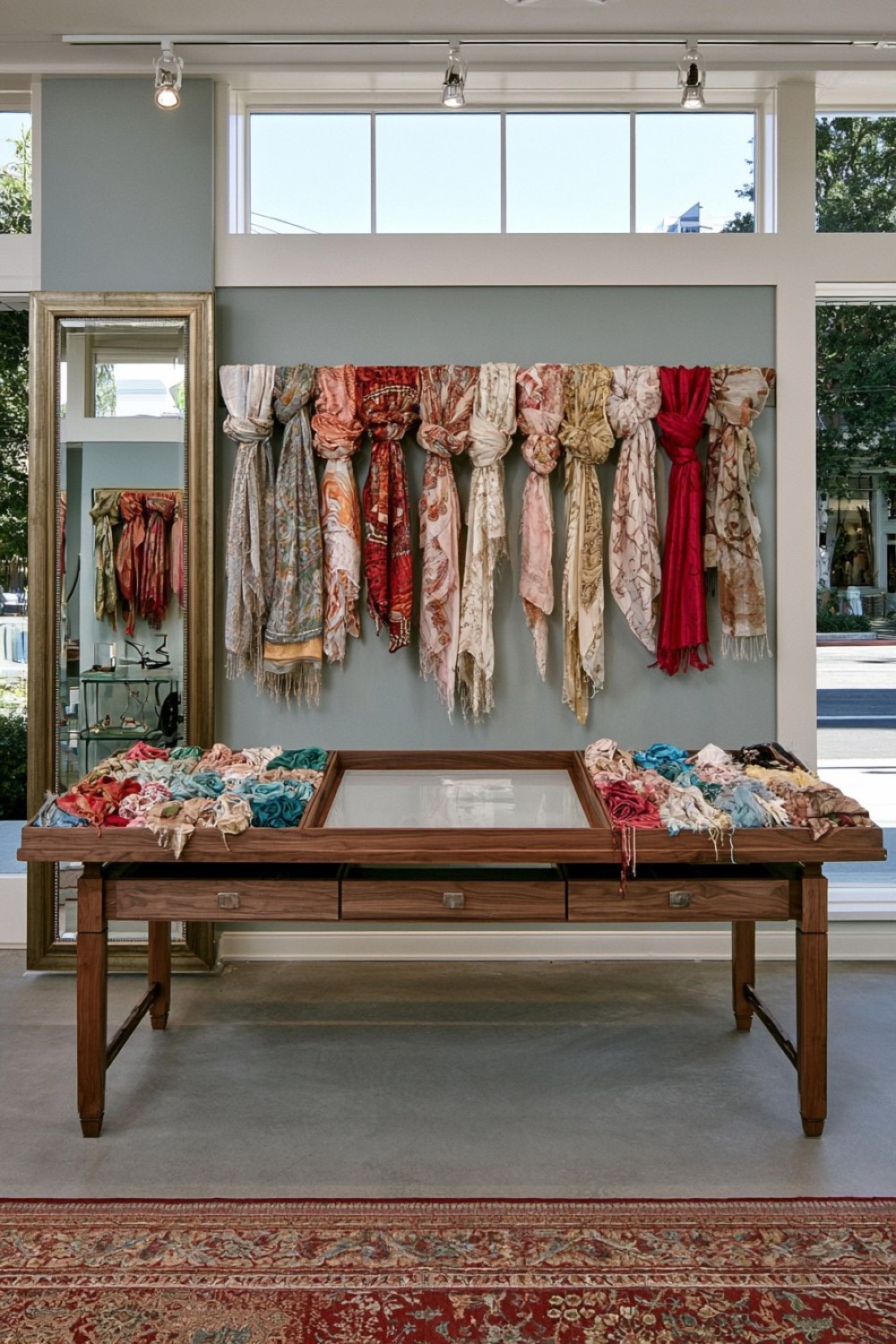 Boutique scarf consultation station with organized samples
