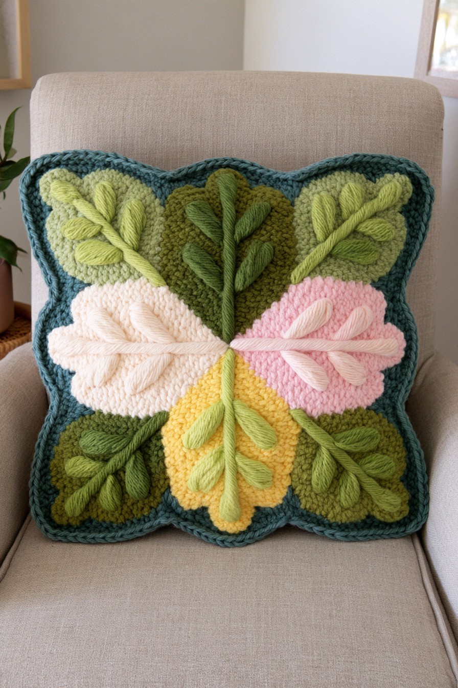 Green crochet cushion decorated with layered leaf motifs
