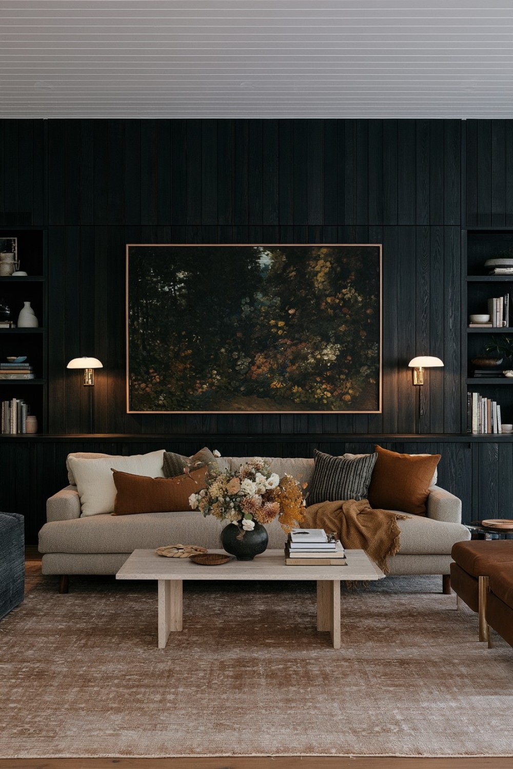 7. Blackened Wood With Soft Linen Upholstery