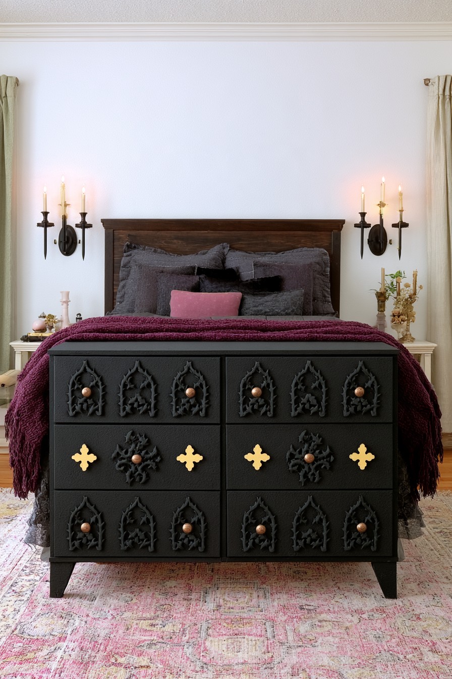 Black Gothic drawer fronts with pointed arch appliqués