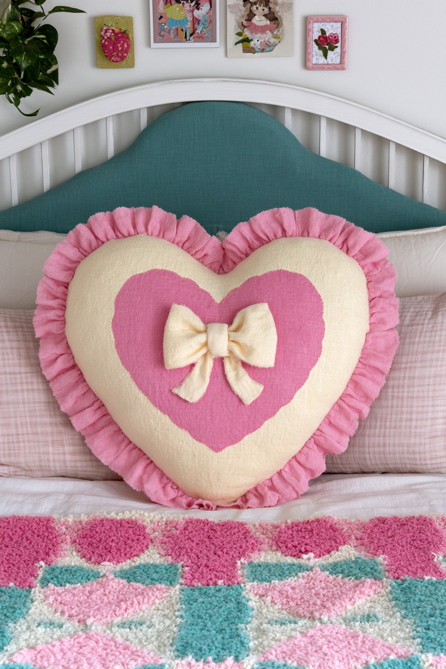 Heart shaped pillow with pink ruffled trim and fabric bow