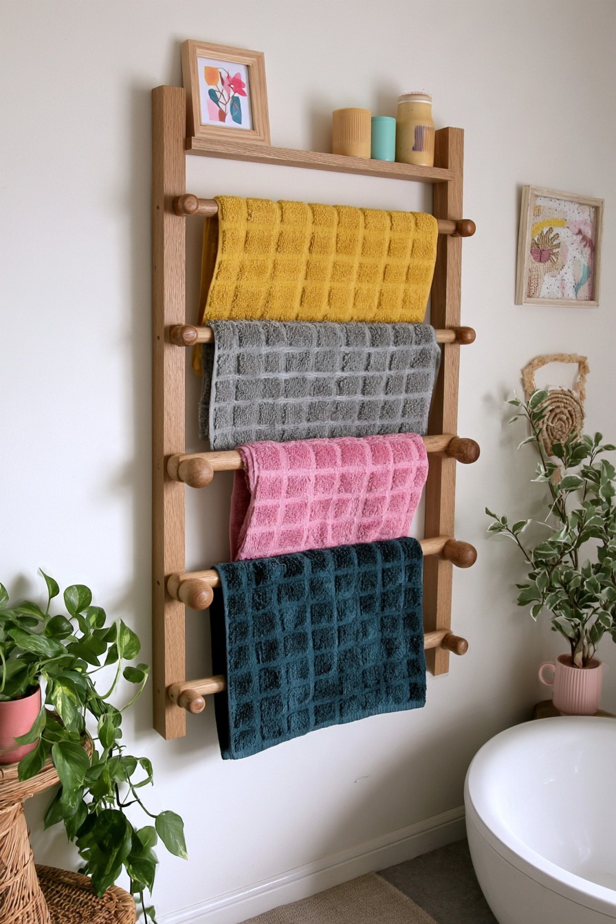 Wall mounted wooden towel rack with an upper shelf