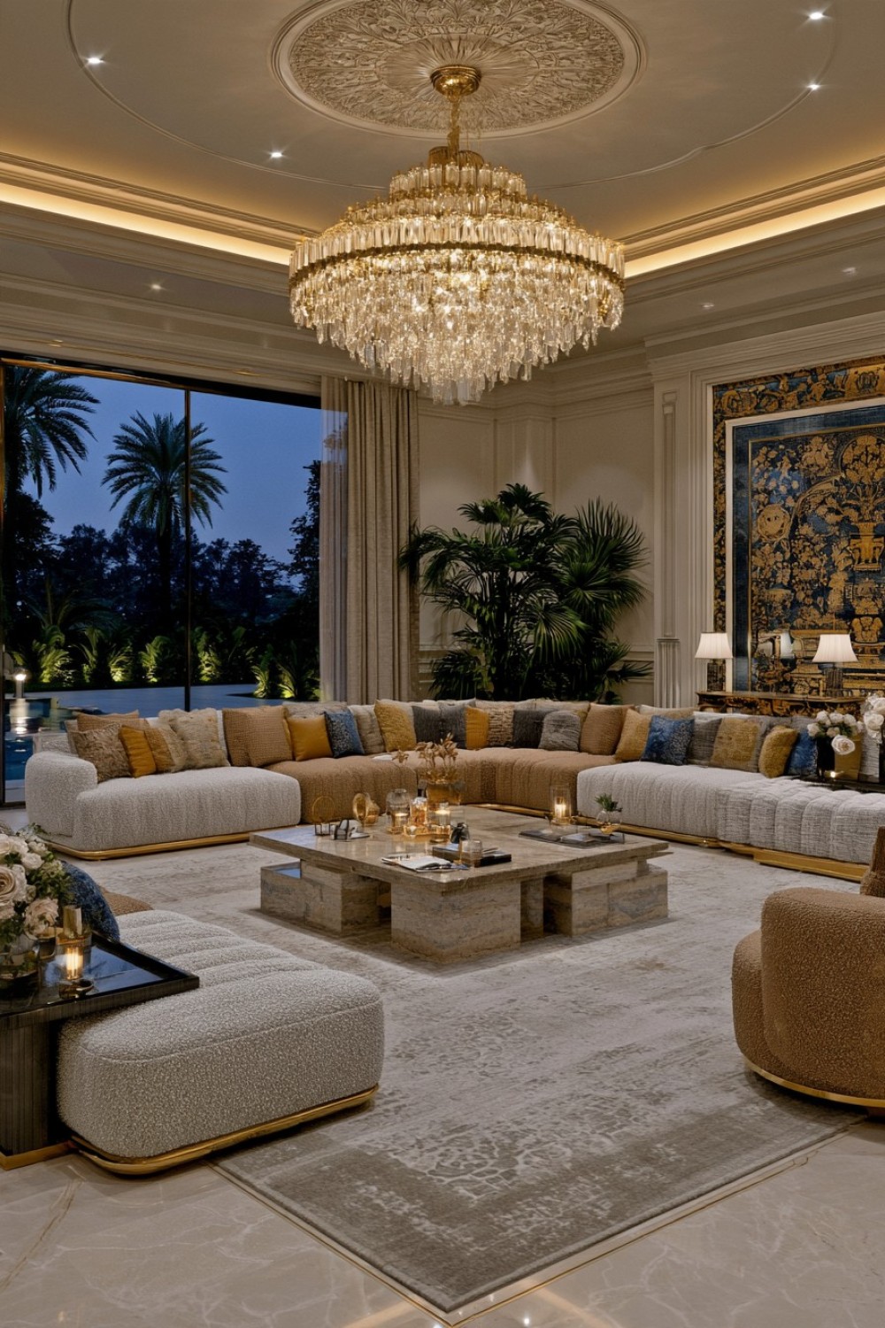 Large modular luxury sofa combining several complementary upholstery textures