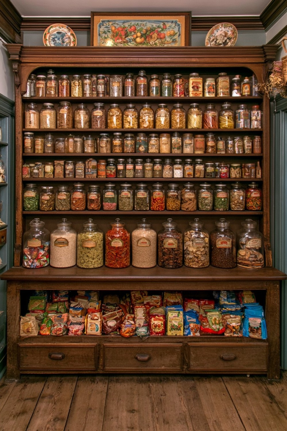 Traditional general store pantry display arranged with glass jars