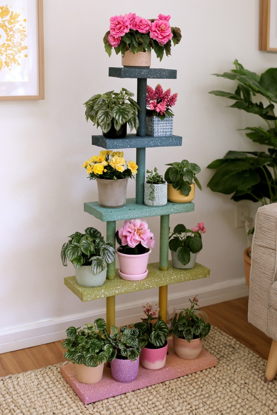 Tiered plant stand with teal mint yellow and pink speckled painted shelves
