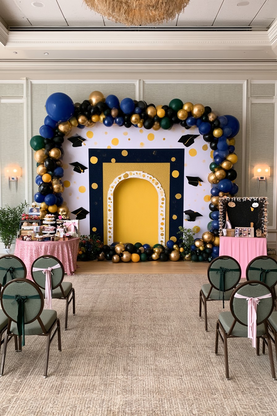 Graduation lounge with framed celebration arch
