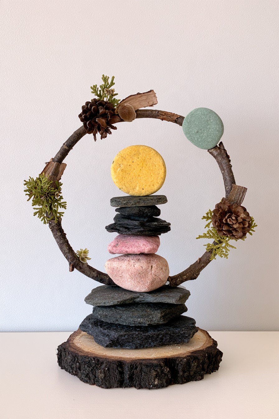 Table sculpture with stacked stones, a curved branch, pinecones, and a wood slice base