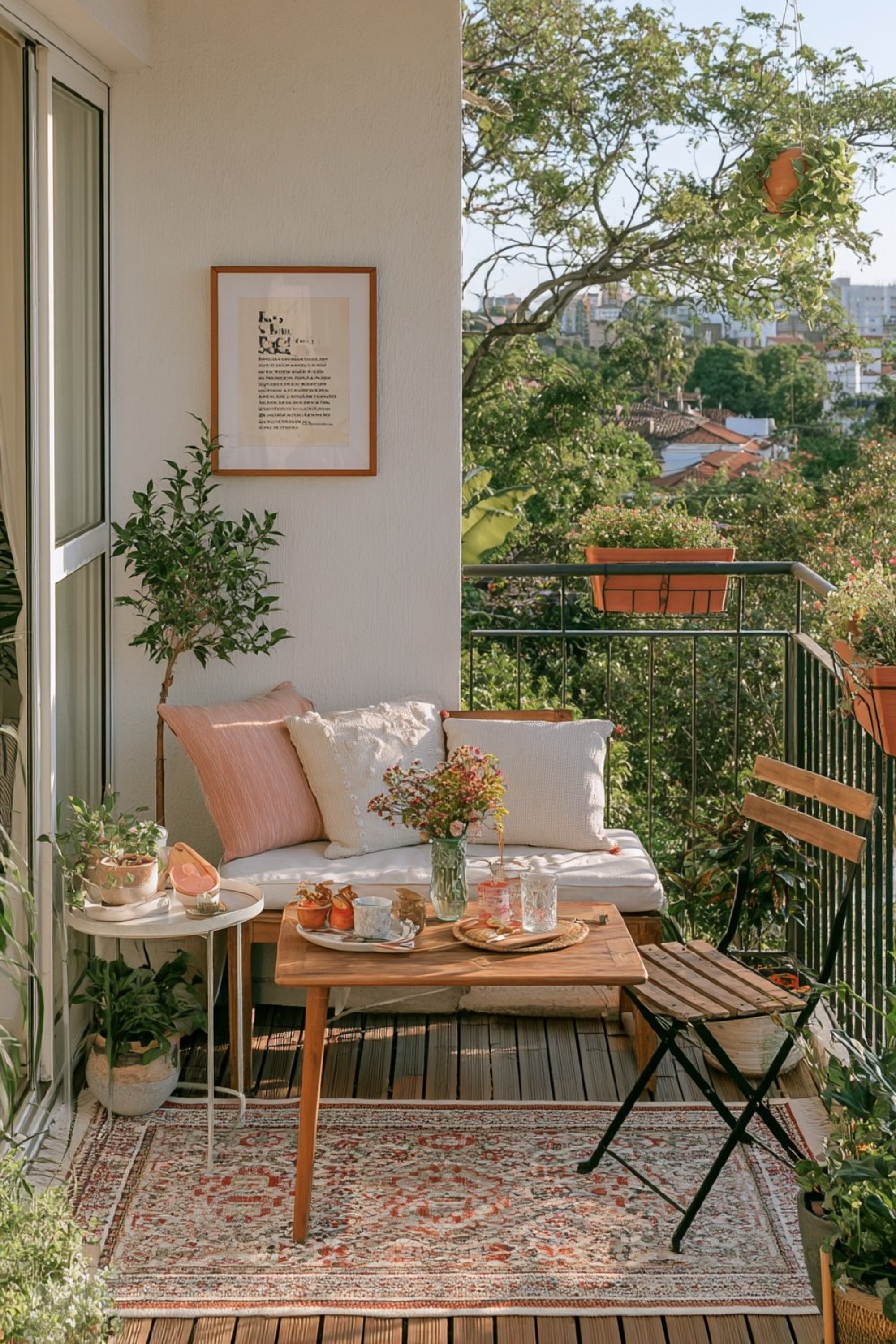 Apartment balcony featuring removable graphic outdoor flooring