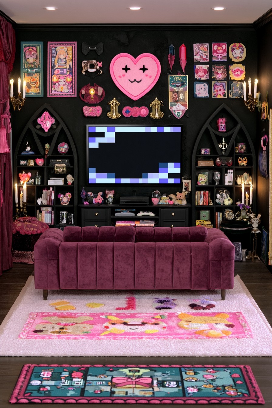 Black Gothic media wall with pointed bookcases, pink heart decoration, burgundy sofa, and colorful rugs