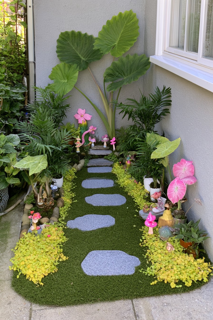 Narrow patio border designed as a tropical fairy walkway