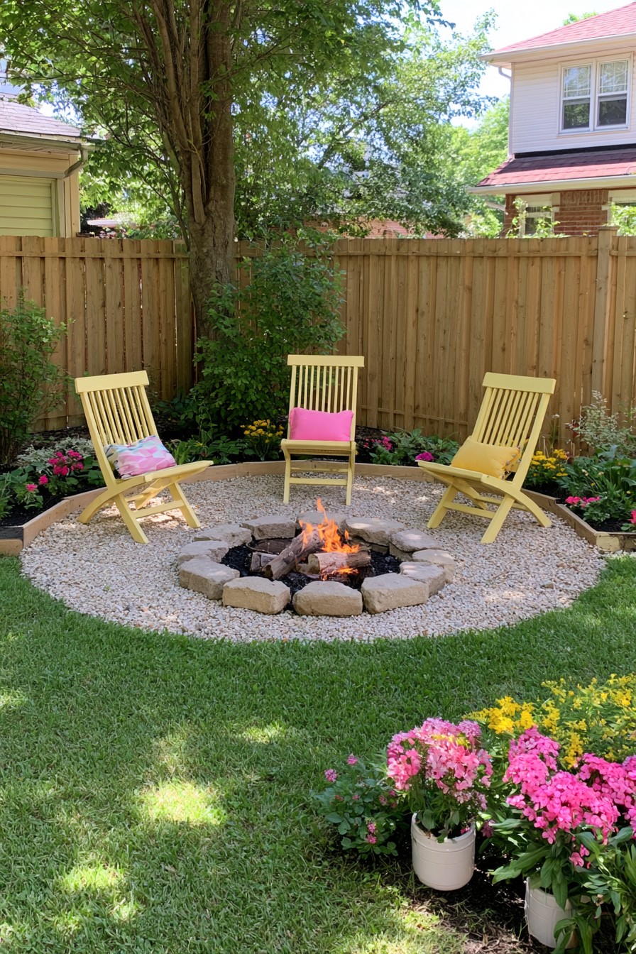Gravel fire pit corner with outdoor seating