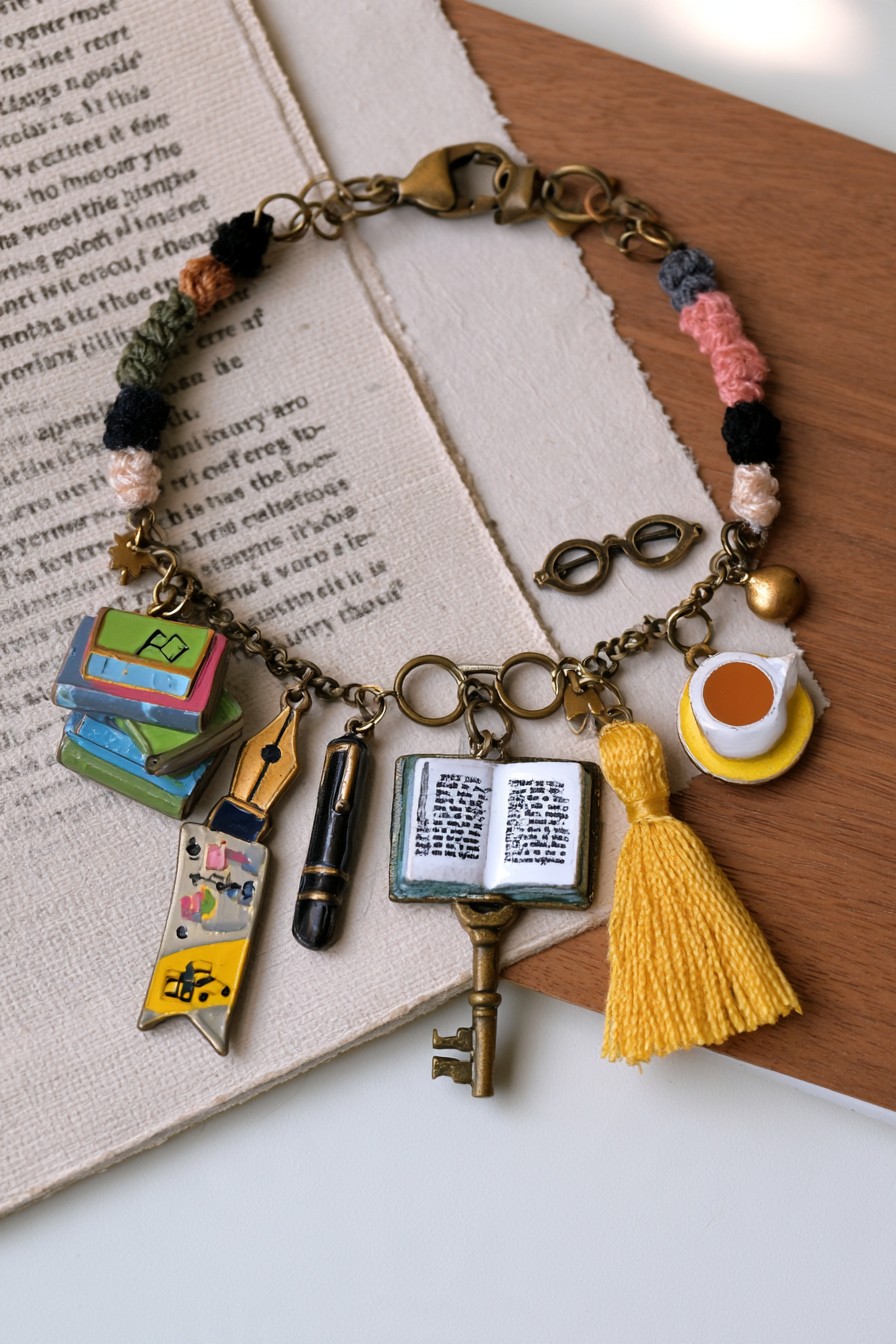 Literary charm bracelet with books fountain pen glasses key and coffee cup