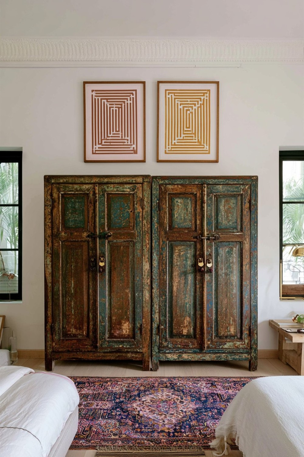 Antique cabinet used as an eclectic bedroom storage feature