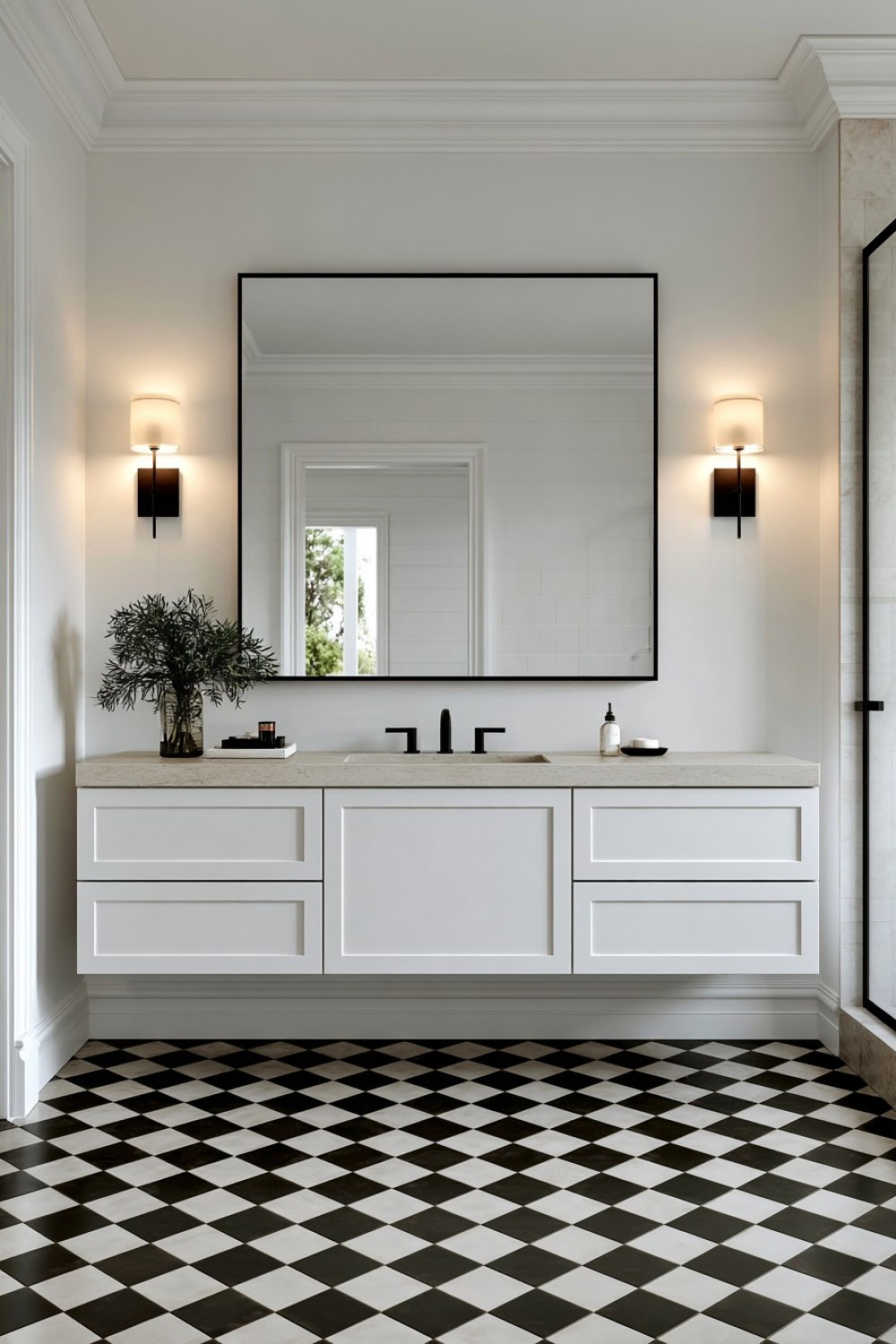 Black and white checkerboard floor with quiet bathroom walls