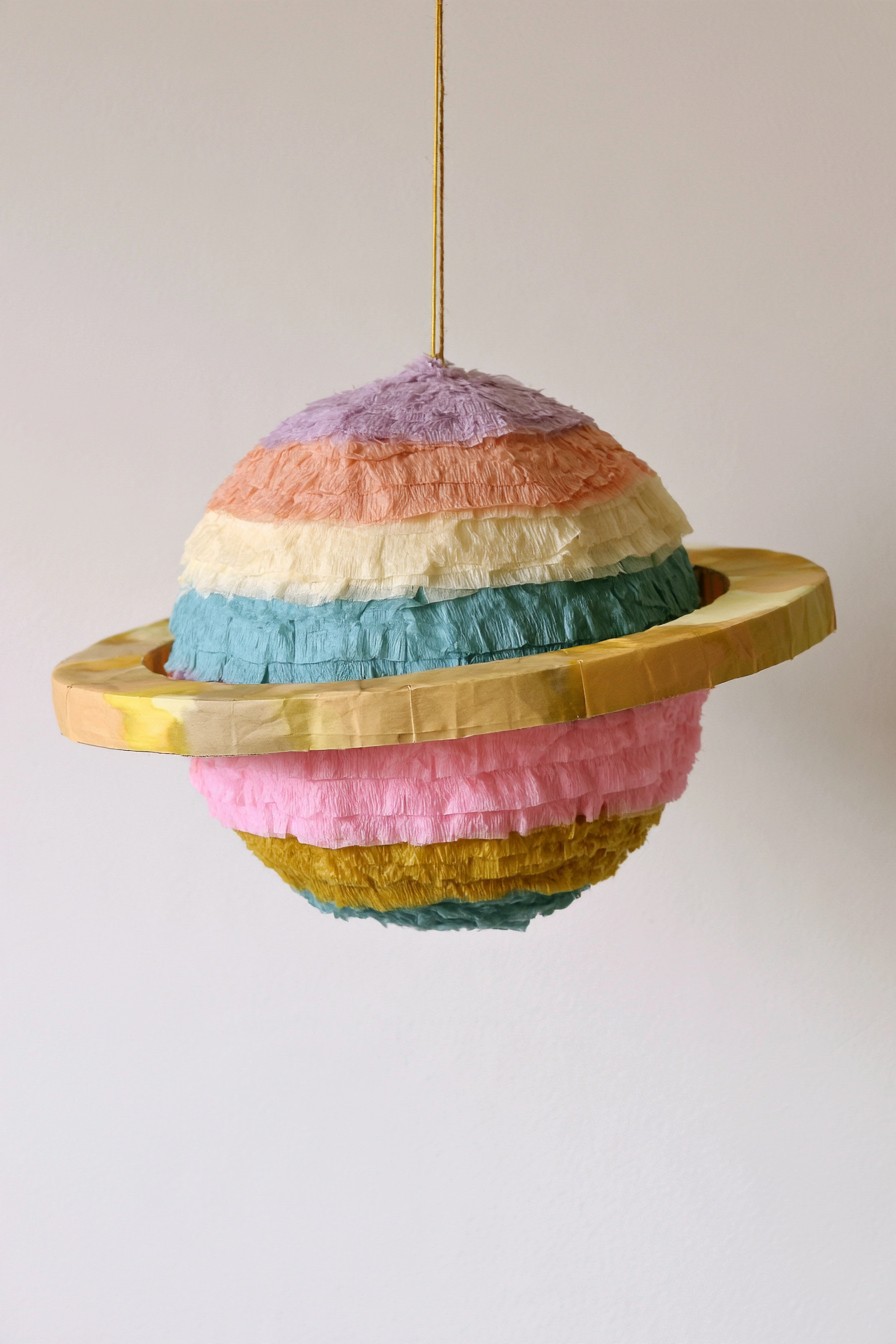 Colorful ringed planet piñata with pastel striped tissue fringe