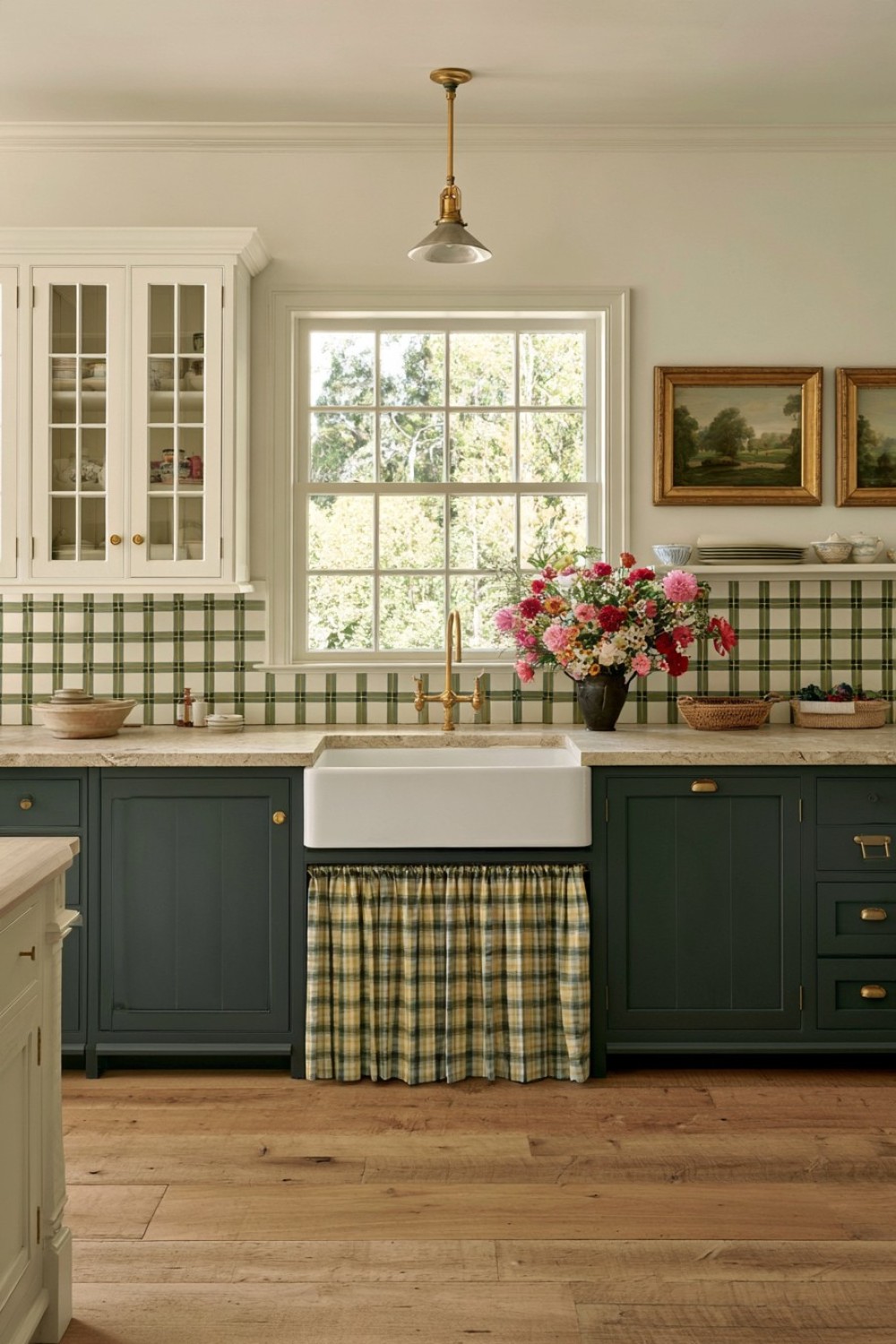 Fabric skirt concealing storage beneath a cottage kitchen sink