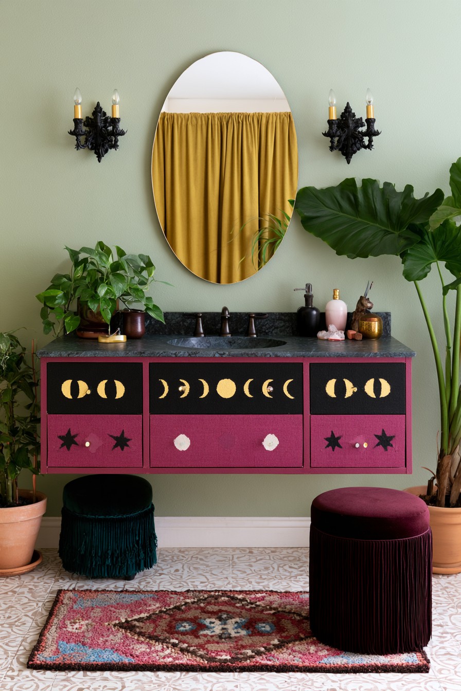 Celestial drawer fronts with gold moon phases and stars