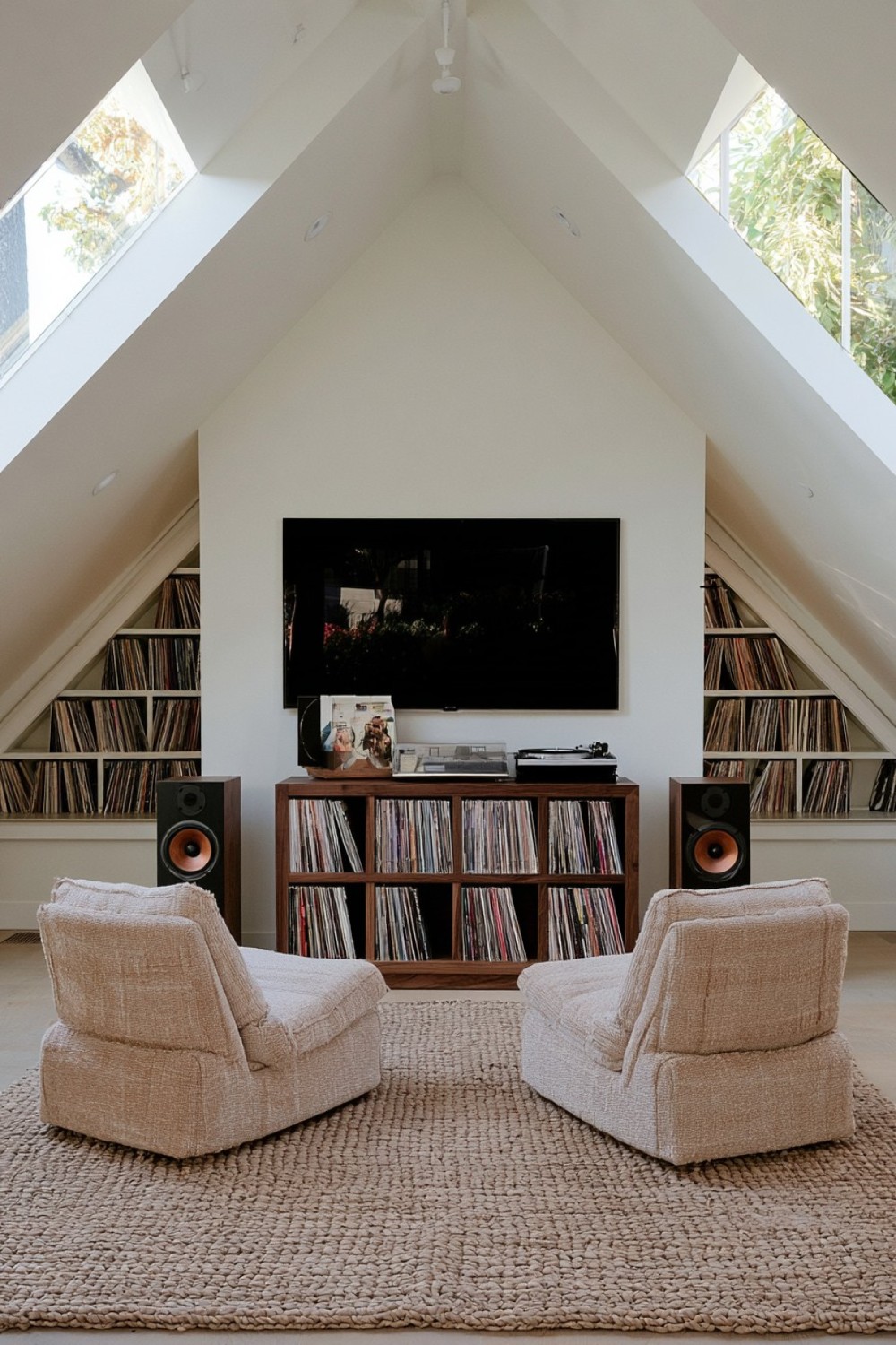 Attic record-listening room with organized vinyl storage