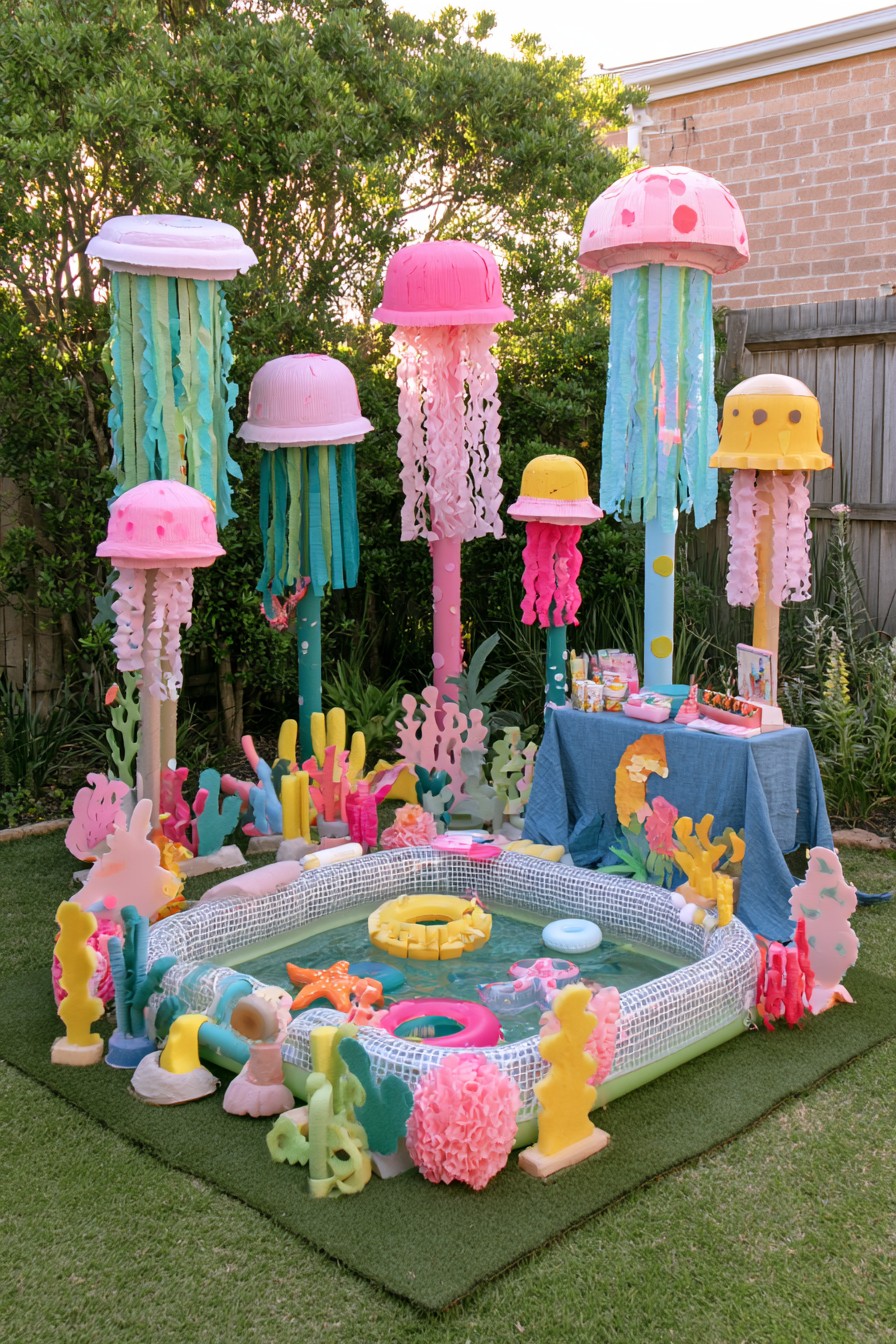 Round pool with coral-shaped accents and tall jellyfish decorations around the sides