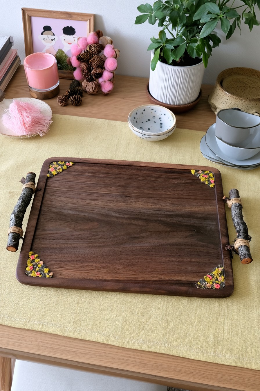Wood serving tray with branch-style handles and small dried flower corner accents