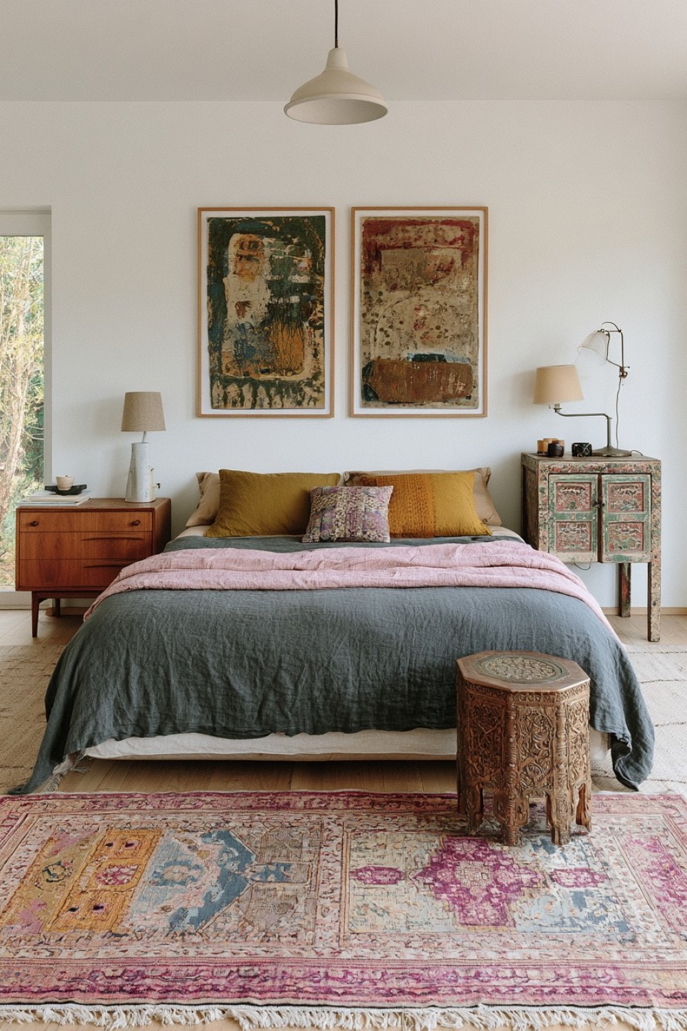 Eclectic bedroom using two different but functional nightstands