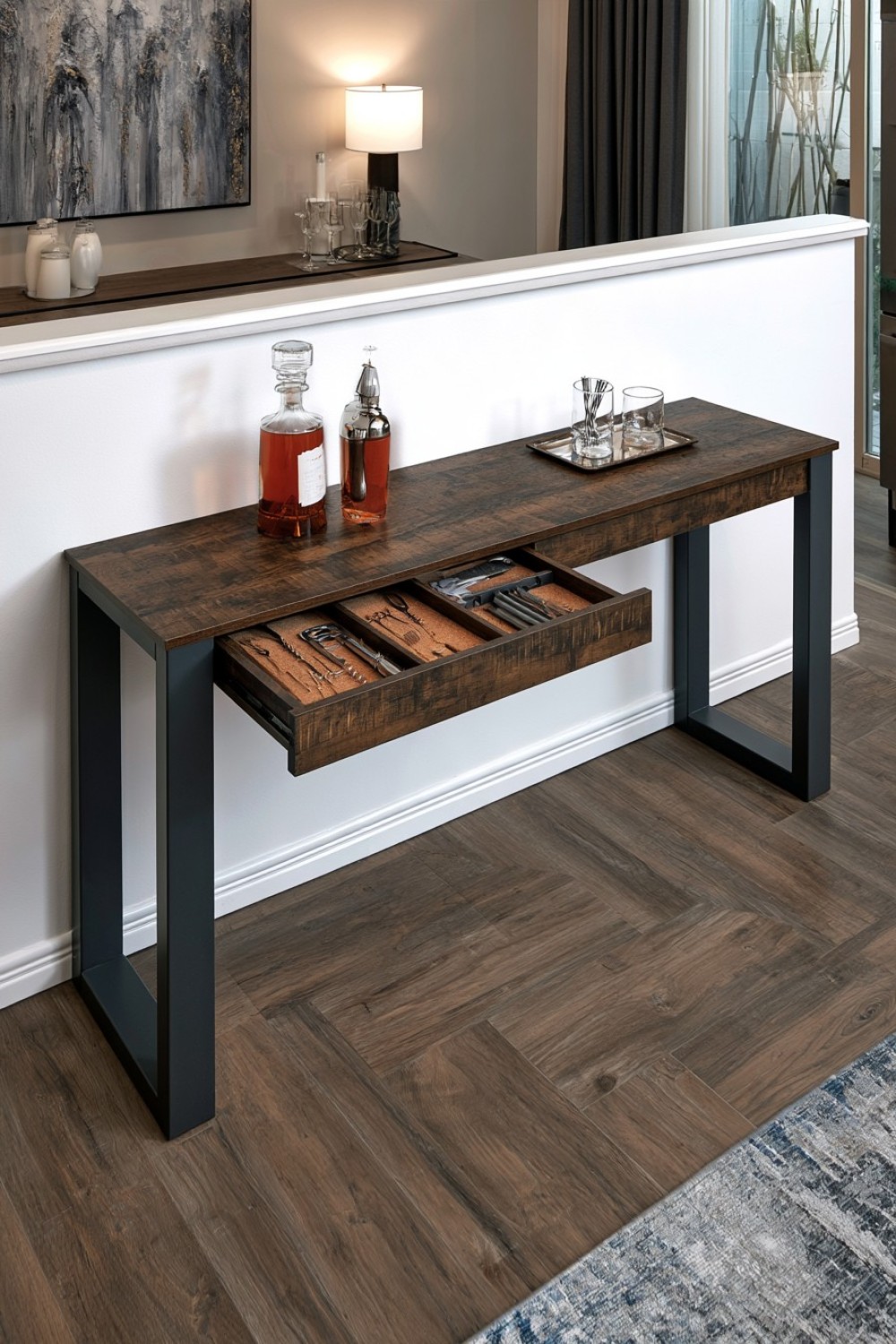 14. Hidden Tool Drawer Beneath A Narrow Bar Table