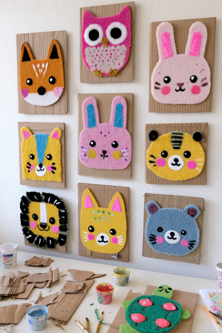 Animal portraits made from cardboard panels and leftover textured materials