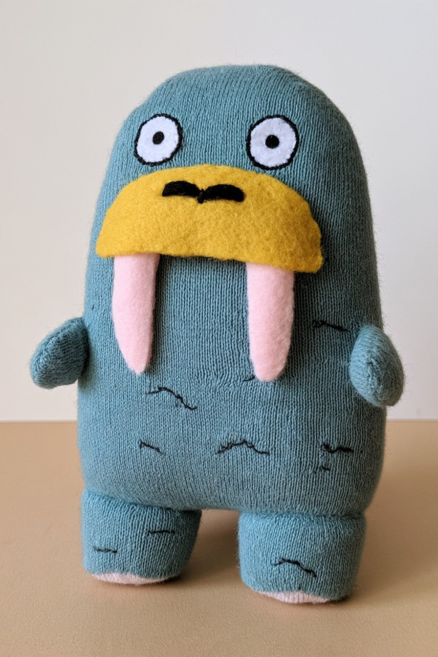 Blue walrus character with a broad yellow muzzle, pink tusks, short flippers and stitched body lines