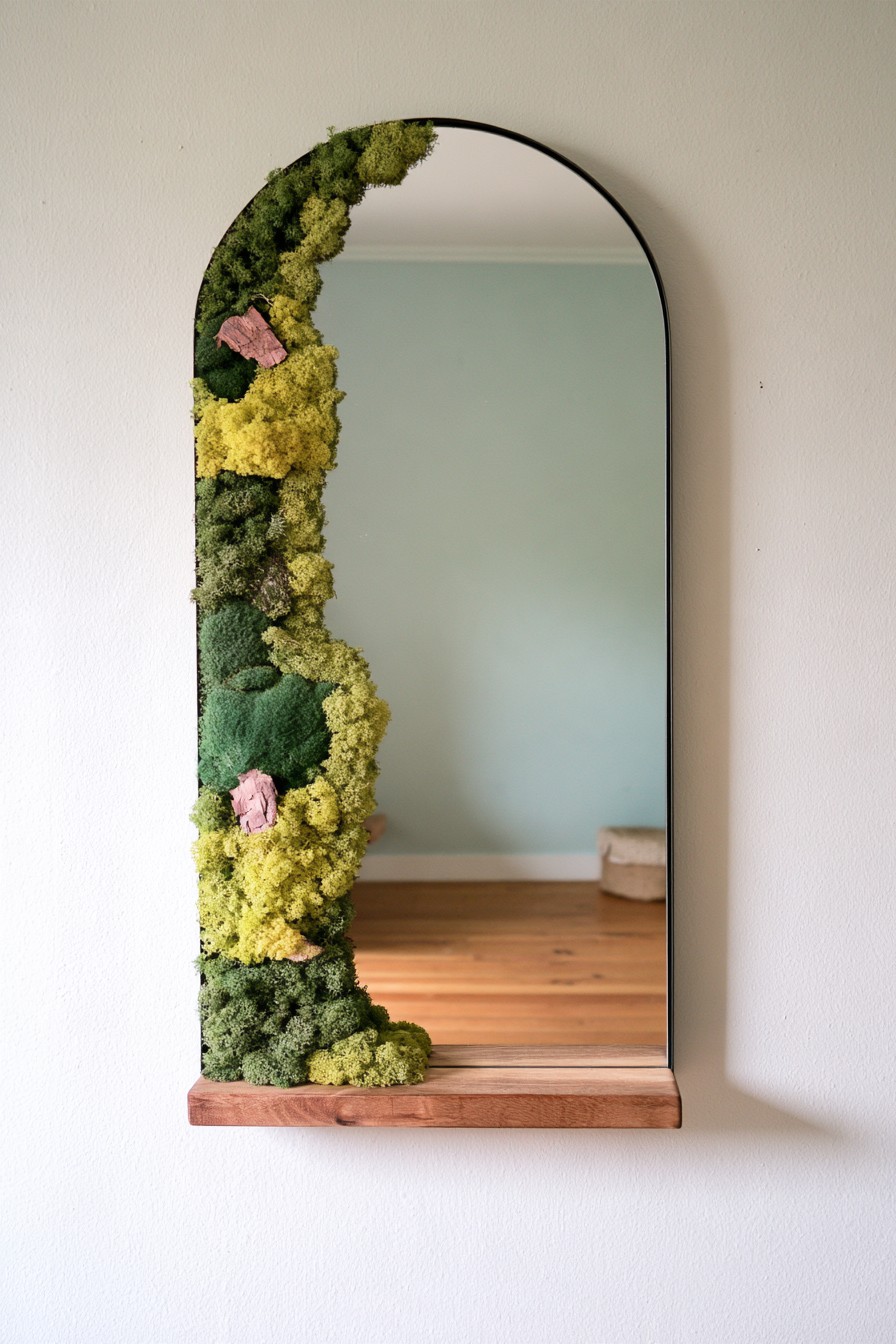 Arched mirror with asymmetrical preserved moss frame detail