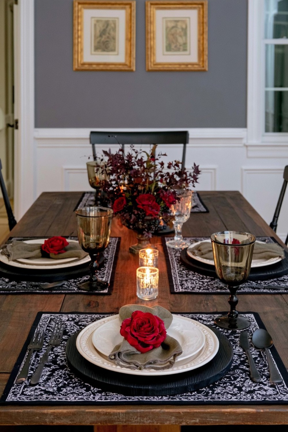 8. Blackened Wood Chargers With Pale Dinnerware